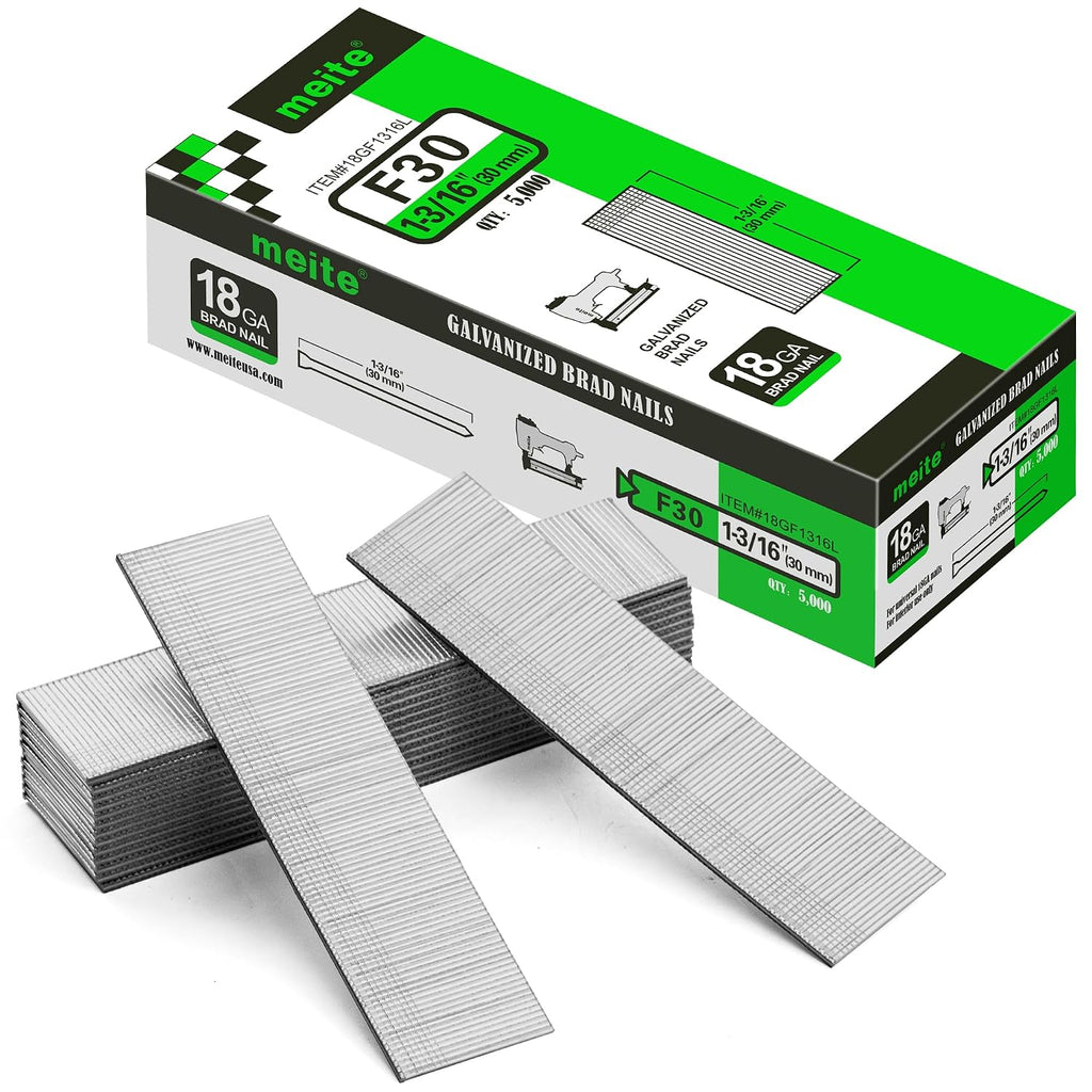 meite F30 18 Gauge 1-3/16-Inch Galvanized Brad Nail Ideal for Upholstery, Trims, Molding, Woodworking (1 Case - 12 Boxes)