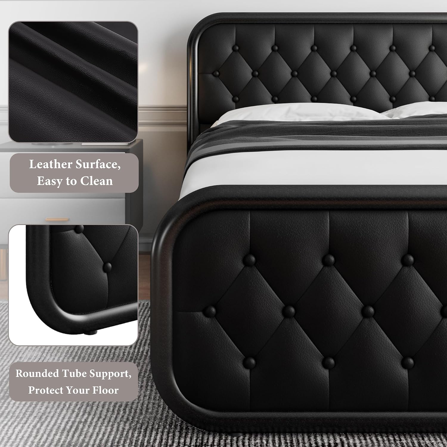 iPormis King Size Metal Bed Frame with Leather Headboard, Heavy-Duty Platform Bed Frame, Thicker Metal Steel Slats Support, 12'' Under-Bed Space, Noise-Free, Easy Assembly, Matte Black