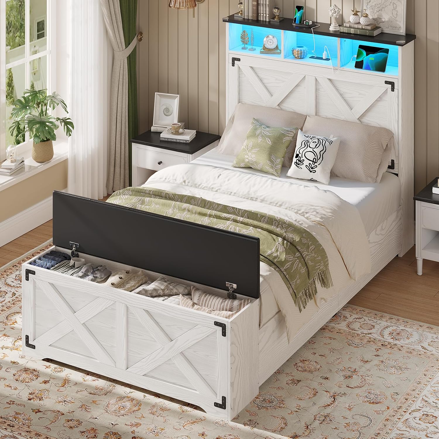 Hasuit Farmhouse Bed Frame Twin Size with Storage Headboard, Charging Station and LED Light, Wooden Twin Bed Frame with Storage Ottoman, Barn Door Design, No Box Spring Needed, No Noise (Walnut White)