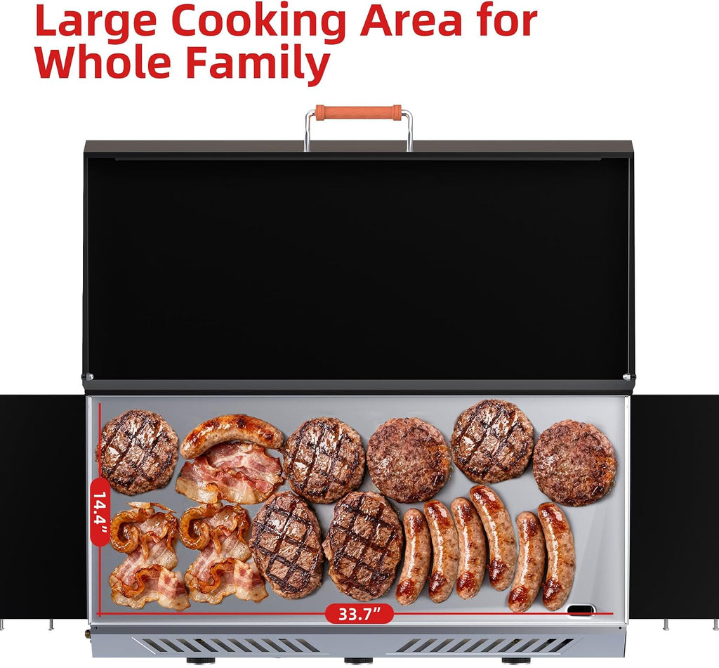 Veralune Outdoor Flat Top Gas Grill with Lid, Outdoor Griddle with Enameled Tray, Propane Gas Griddle, for Breakfast, BBQ & Grilling Steel Cooking Surface, Folding Side Shelves, Push-Button Ignition