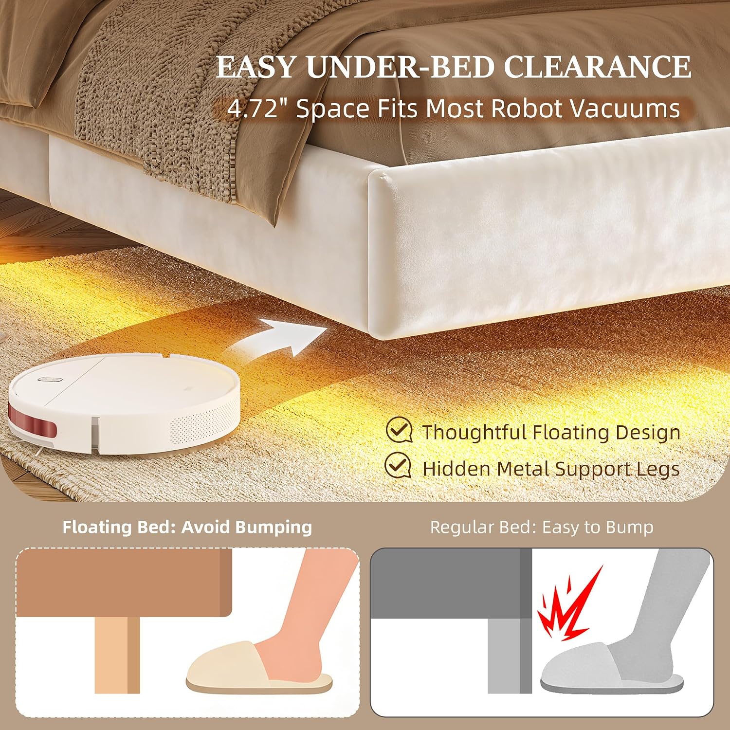 Homkdom Floating Bed Frame Queen with LED Lights & Charging Station, Upholstered Queen Bed Frame with Tall Velvet Storage Headboard, Heavy Duty Metal Slats/No Box Spring Needed/No Noise, Modern,Beige