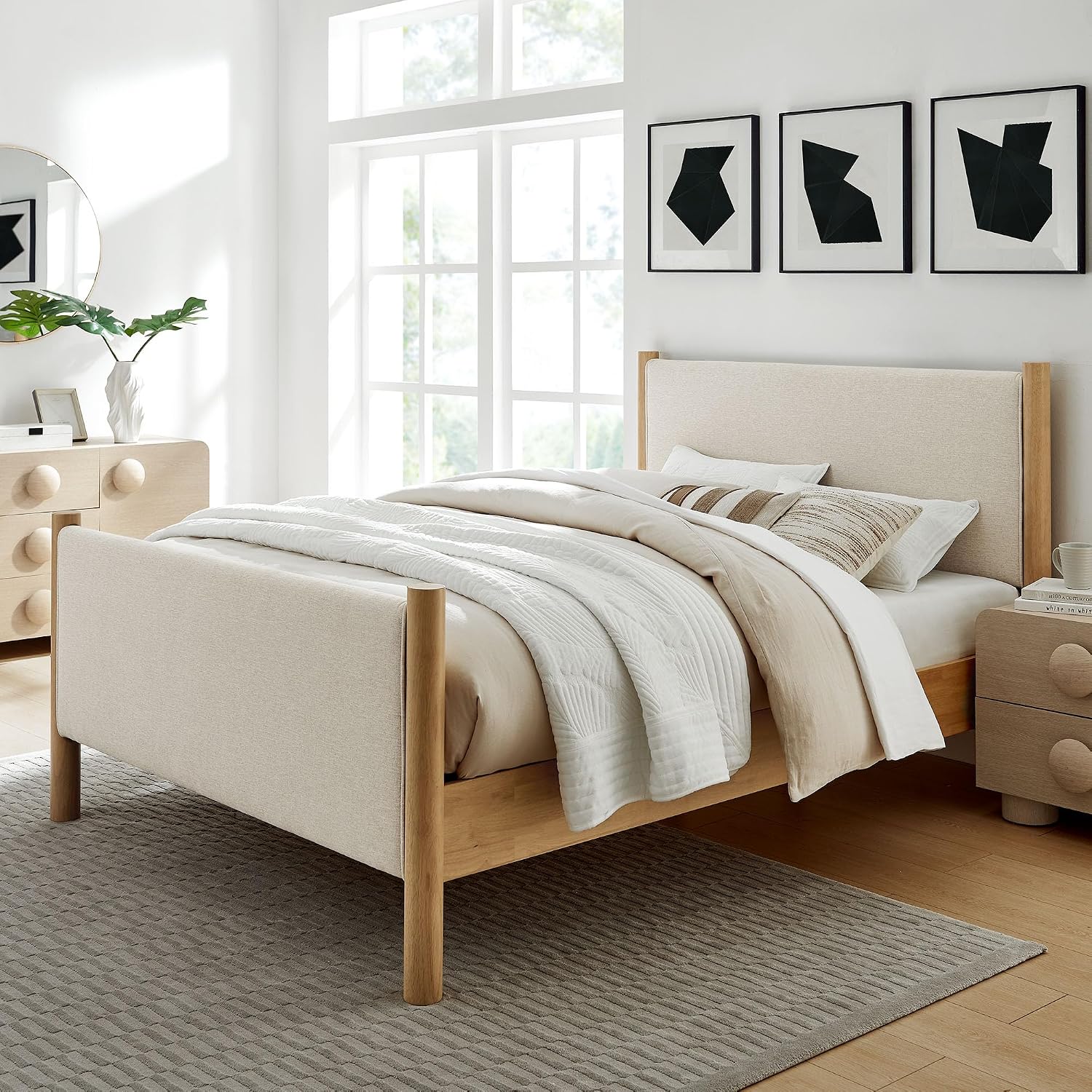 Modway Maven Full Bed Frame in Ivory Oak with Upholstered Fabric Headboard and Footboard – Wood Full Platform Bed Frame – No Box Spring Needed