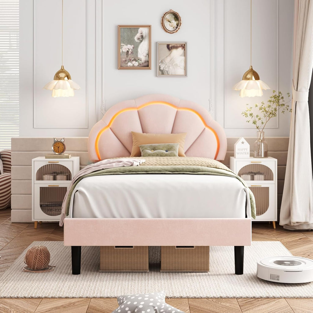 HIFIT 2 Piece Twin Upholstered LED Bed Frame with Adjustable Cute Petal Headboard, Soft Velvet Princess Platform Bed for Girls/Kids, Solid Wood Slats Support, No Box Spring Needed, Easy Assembly, Pink