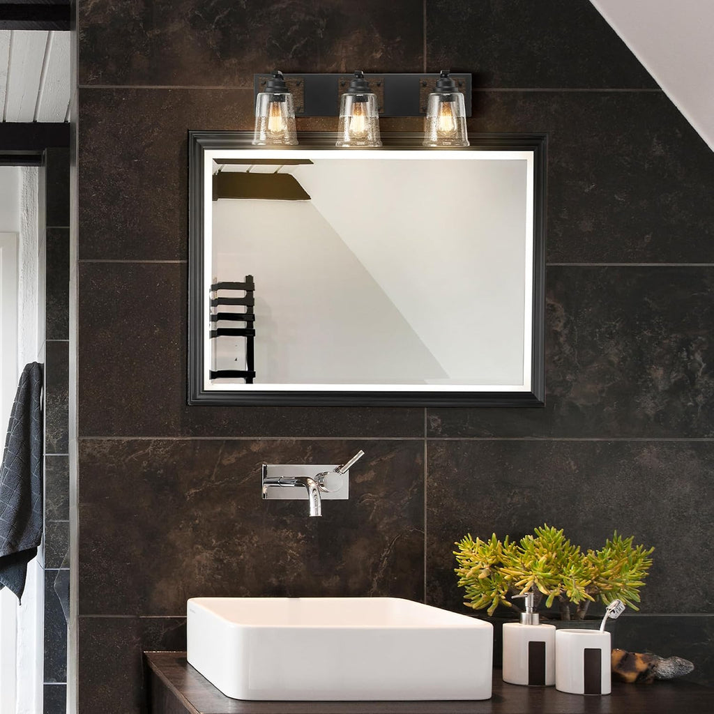 Globe Electric 51852 3-Light Vanity Light, Bathroom Wall Fixture, Matte Black and Dark Faux Wood Finish, Clear Seeded Glass Shades, E26 Base, Dimmable