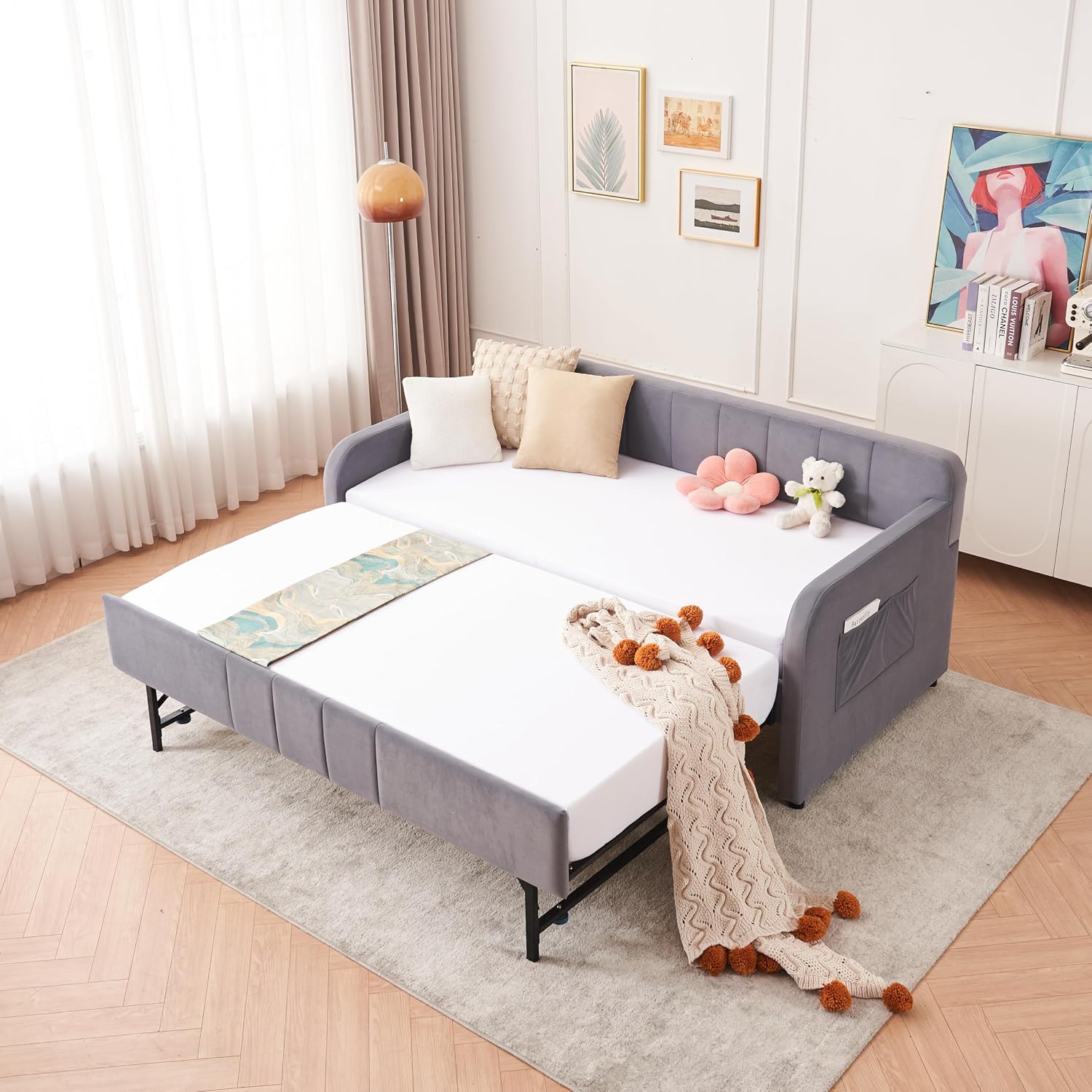 Deolme Twin to King Daybed with Trundle, USB Ports, Velvet Upholstered Daybed with Pop Up Trundle Bed, Modern Extendable Day Bed Frame for Kid Adult Bedroom Living Room Guest Room Small Places Gray