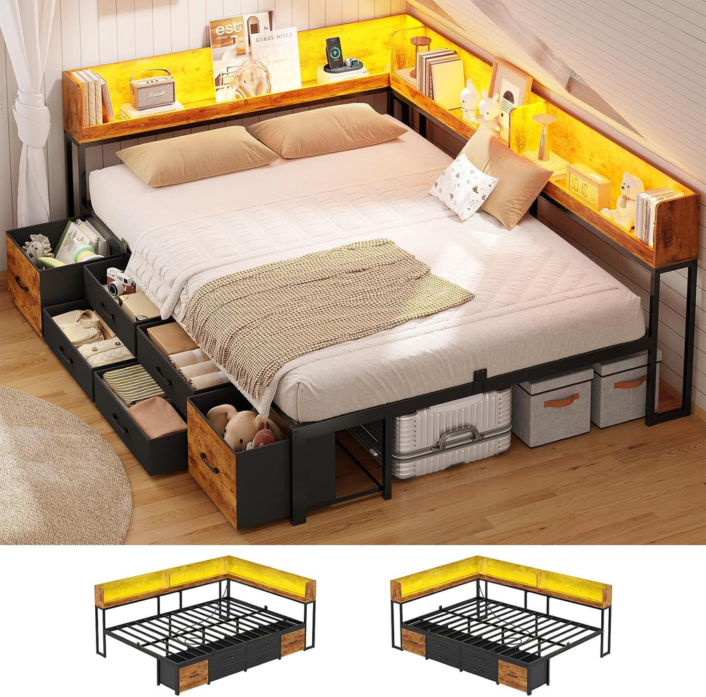 MSmask 14 Inch Corner Bed Frame with Bookcase Storage, Full Daybed with 6 Drawers, Charging Station and LED Light, Full Size Metal Platform Bed Frame for Kids Teenagers, Black & Vintage Brown