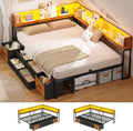 MSmask 14 Inch Corner Bed Frame with Bookcase Storage, Full Daybed with 6 Drawers, Charging Station and LED Light, Full Size Metal Platform Bed Frame for Kids Teenagers, Black & Vintage Brown