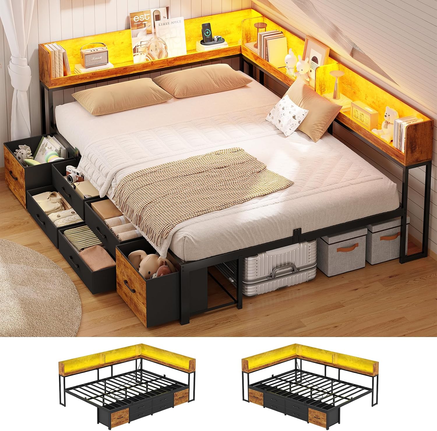 MSmask 14 Inch Corner Bed Frame with Bookcase Storage, Full Daybed with 6 Drawers, Charging Station and LED Light, Full Size Metal Platform Bed Frame for Kids Teenagers, Black & Vintage Brown