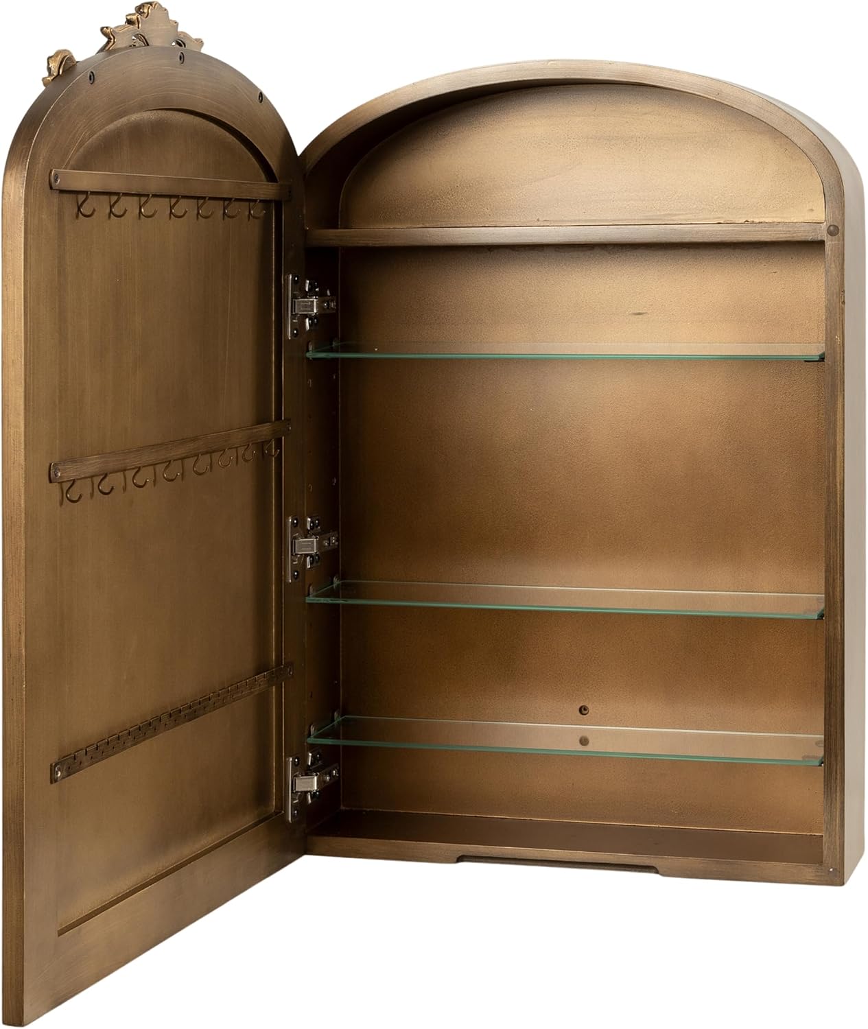 Kate and Laurel Arendahl Vintage Arched Jewelry Cabinet with MIrror, 20 x 6 x 30, Gold, Mirrored Arch Wall Cabinet for Bathroom Storage or Bedroom Jewelry Station with Soft-Close Hinges