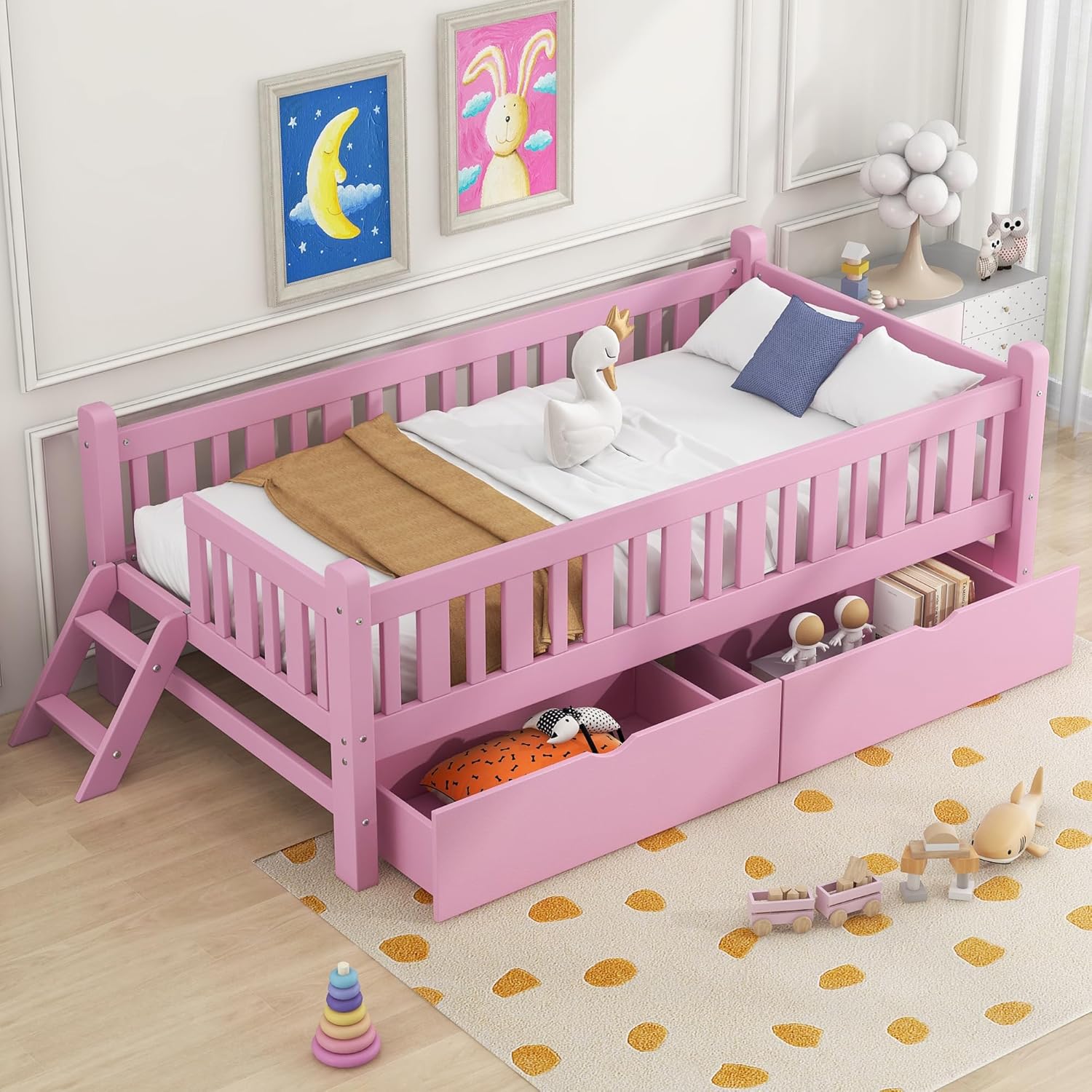 VilroCaz Twin Size Platform Bed with Guardrail and 2 Drawers, Wood Kids Platform Bed Frame with Two-Step Ladder for Boys Girls, Sturdy Slats Support (Pink-1.26)