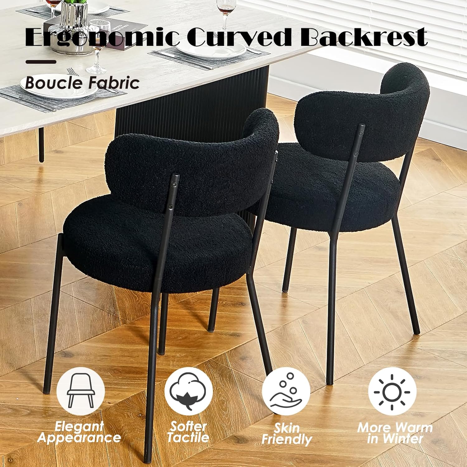 RGZ 5 Pieces Modern Black Round Kitchen Table Set, Clear Circle Glass Dining Table with Black Boucle Chairs Set of 4, 36'' Small Luxury Circular Dinner Room Set, for Home Apartment Bedroom Café