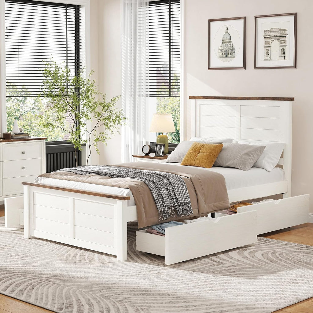 LUXOAK Twin Size Farmhouse Wooden Bed Frame with Headboard and 4 Sliding Drawers, Barn Door Panel Platform Bed with Wood Slats, Heavy Duty Mattress Foundation, Non-Slip & Noise-Free, Antique White