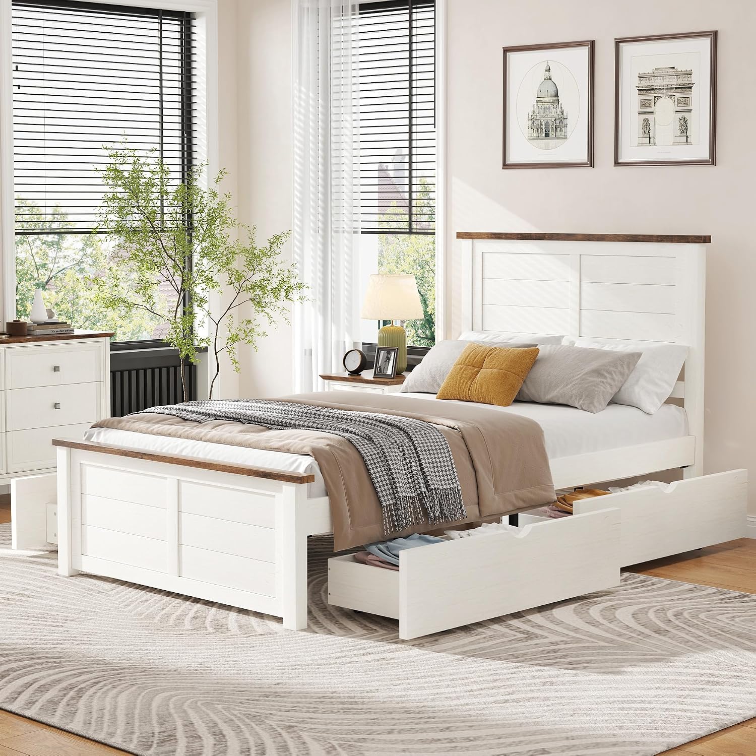 LUXOAK Twin Size Farmhouse Wooden Bed Frame with Headboard and 4 Sliding Drawers, Barn Door Panel Platform Bed with Wood Slats, Heavy Duty Mattress Foundation, Non-Slip & Noise-Free, Antique White