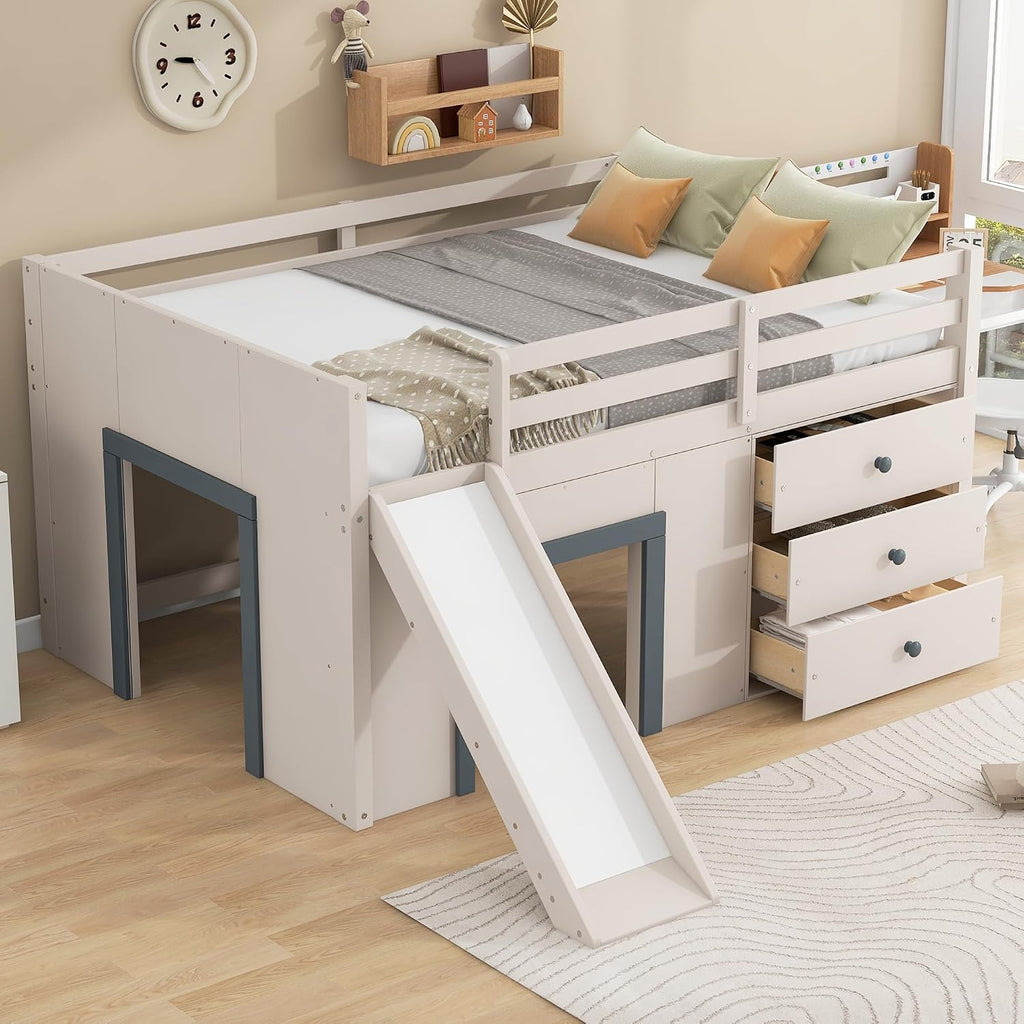 Harper & Bright Designs Low Loft Bed Full Size with Slide and Drawers for Saving Spcae, Wood Loft Bed Frame with Storage, Beige+Grey