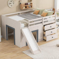 Harper & Bright Designs Low Loft Bed Full Size with Slide and Drawers for Saving Spcae, Wood Loft Bed Frame with Storage, Beige+Grey