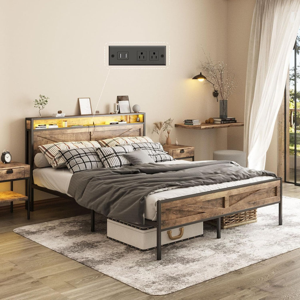 Halitaa LED Queen Size Bed Frame with Charging Station, Platform Metal Bed with Headboard Storage & USB Ports Outlets, Farmhouse Bed Frame with Lights for Bedroom, Noise Free, Brown (Queen)