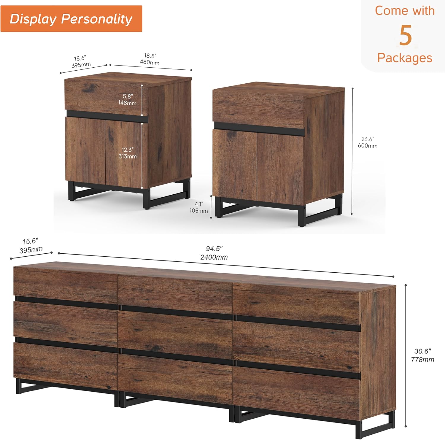 WAMPAT Dresser and Nightstand Set of 3, 94.5 Inches Dresser with 6 Drawers, 2 Nightstand with Drawer and Cabinet for Bedroom, Bedroom Furniture Set, Brown