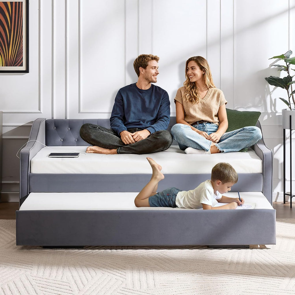 Twin to King Daybed with Trundle, USB Ports Soft Upholstered Daybed with Pop Up Trundle Bed Twin, Modern Extendable Day Bed Frame for Girls Bedroom Living Room Guest Room Small Places Dark Grey