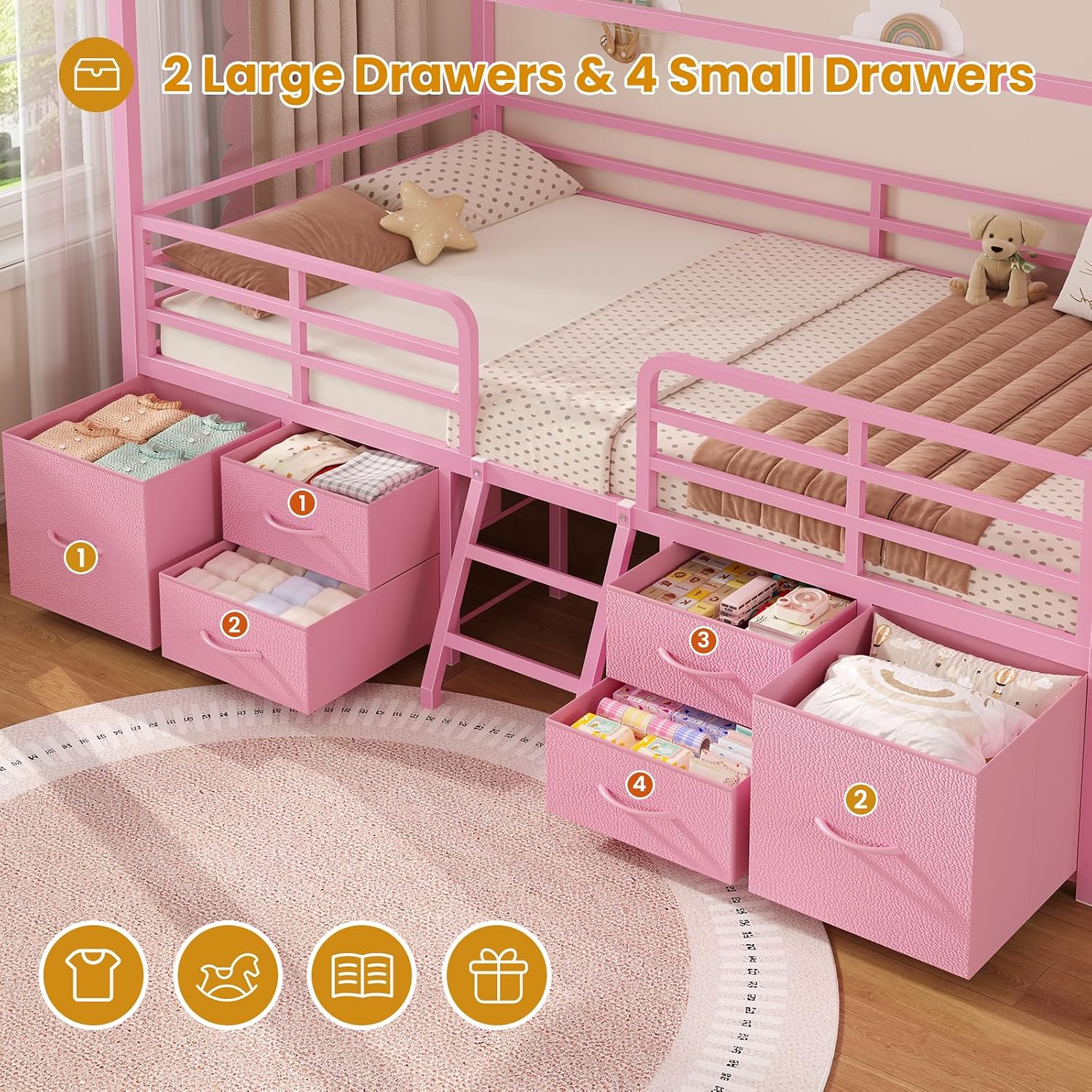 ADORNEVE Twin Size Bed Frame with 6 Drawers,House Bed with Globe String Lights Plug in,Metal Kids Bed with Safety Guardrail & Inclined Ladder,No Box Sping Needed,Pink