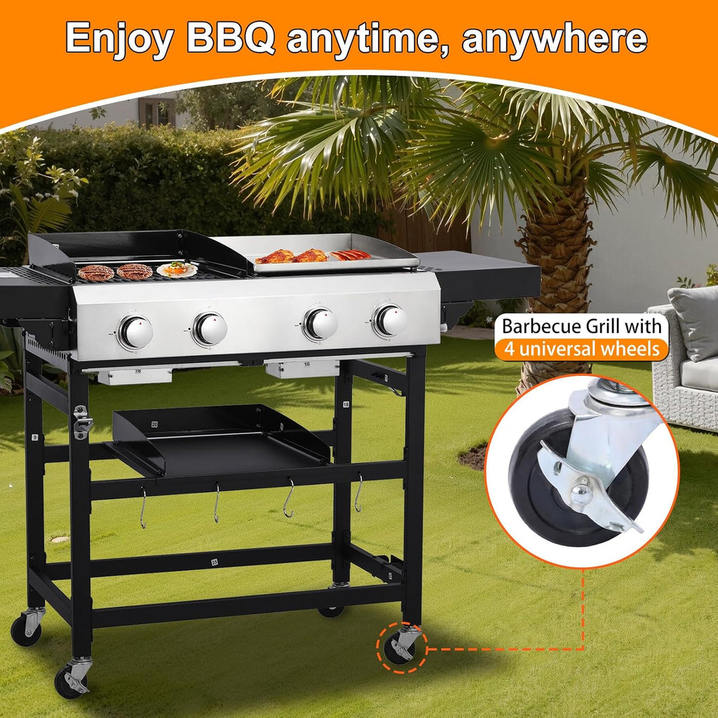 CIG GARDEN 4-Burner Propane Gas Grill and Griddle Combo, 42,000 BTU Output BBQ Grill with Cast Iron Grates, Perfect for Outdoor Cooking, Balcony, Backyard, Camping, Barbecue