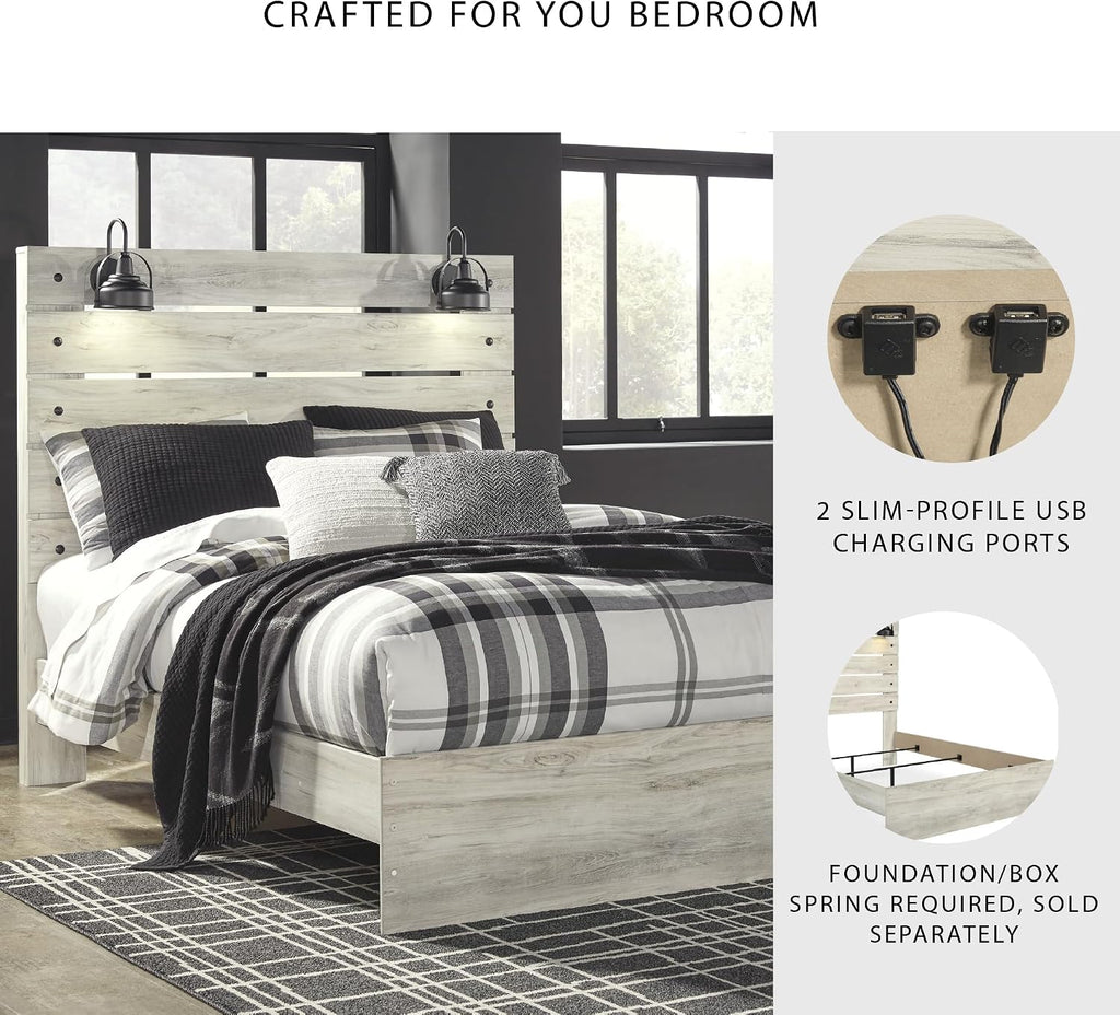 Signature Design by Ashley Cambeck Farmhouse Queen Panel Bed with LED Sconce Lights and USB Charging Ports, Open Slat Styling, Foundation or Box Spring Needed, Wood, Whitewash Finish
