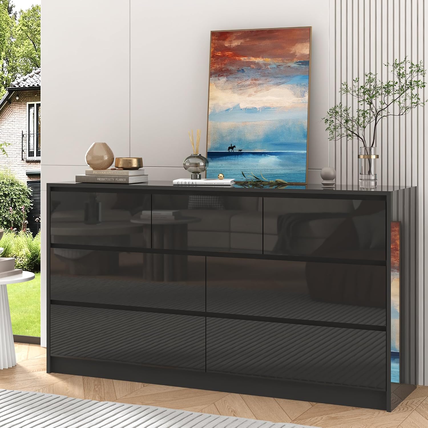 jiteentarou Black Malm Dresser for Bedroom, 55 Inch Long High Gloss Dresser with 7 Drawers, Modern Large Wood Chest of Drawer Handle Free, Living Room, Entryway, Hallway, Black