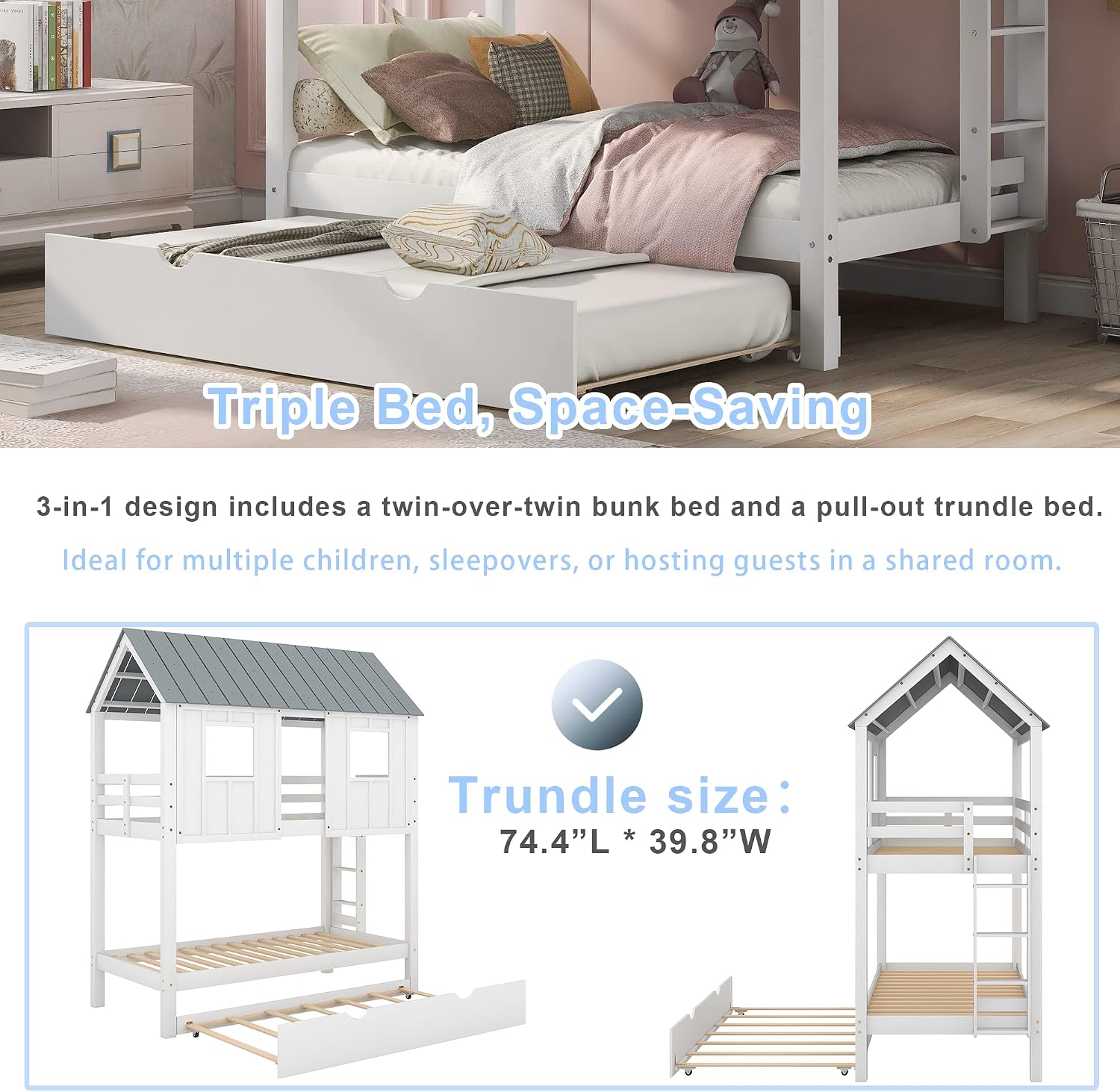 Polibi Twin-Over-Twin House Bunk Bed with Trundle, Twin Size Wooden House Bunk Bed with Roof, Windows, Ladder and Guardrails