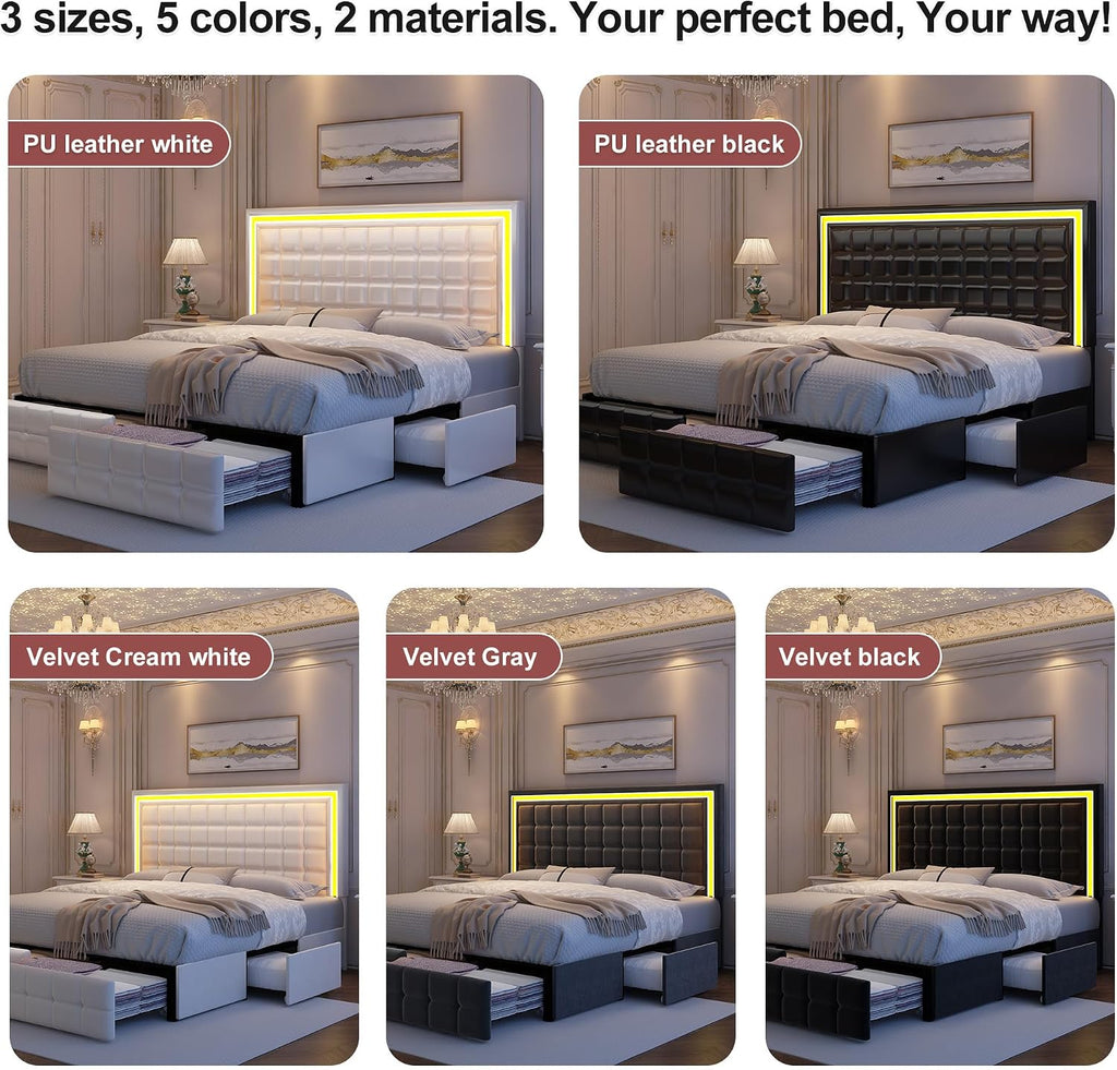 GEGOFORU Full Bed Frame with LED Lighting and Storage Drawers, No Box Spring Needed, Supports 900 lbs, Easy Assembly, Quiet and Sturdy Design, Velvet Gray