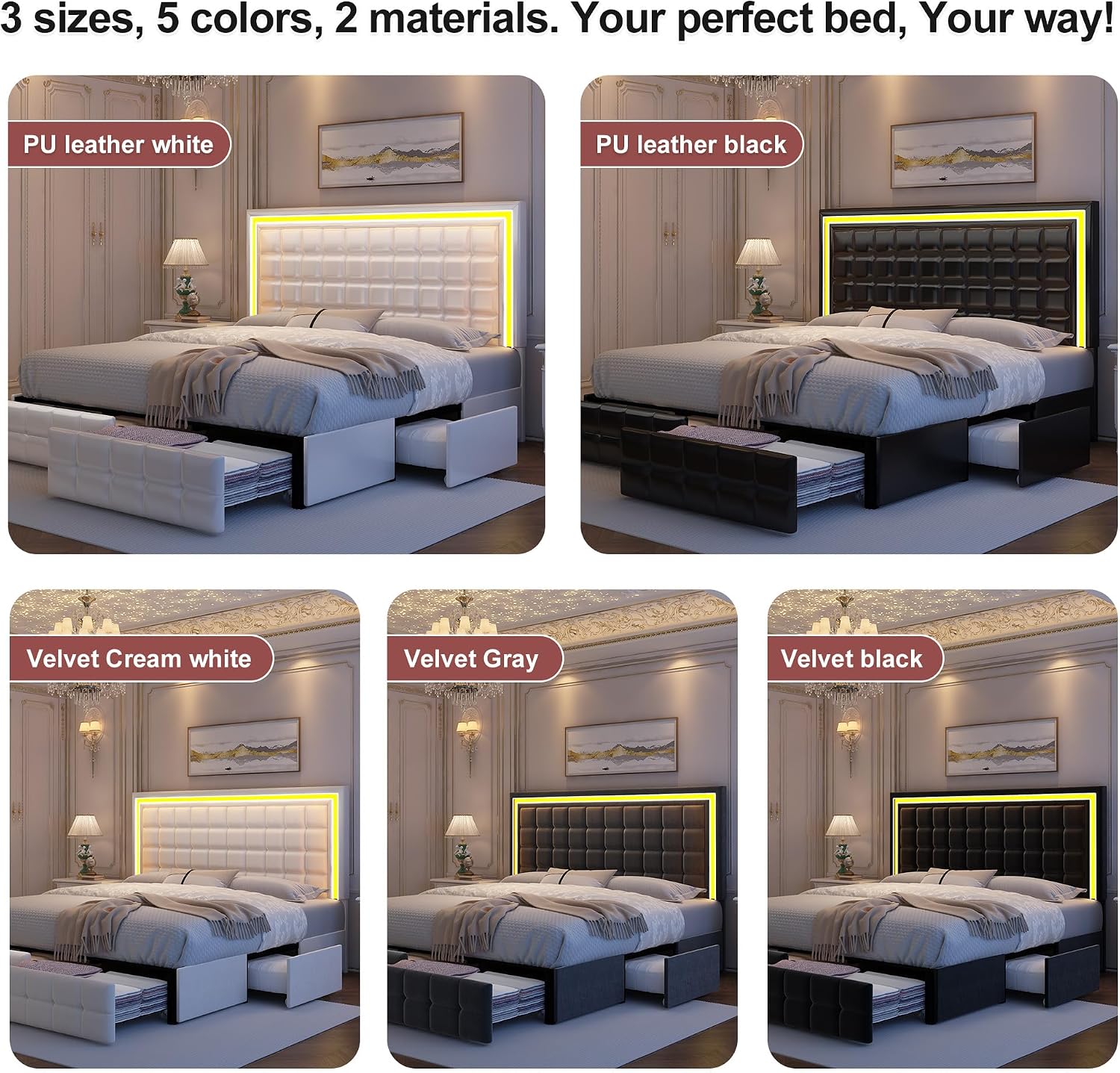 GEGOFORU Full Bed Frame with LED Lighting and Storage Drawers, No Box Spring Needed, Supports 900 lbs, Easy Assembly, Quiet and Sturdy Design, Velvet Gray
