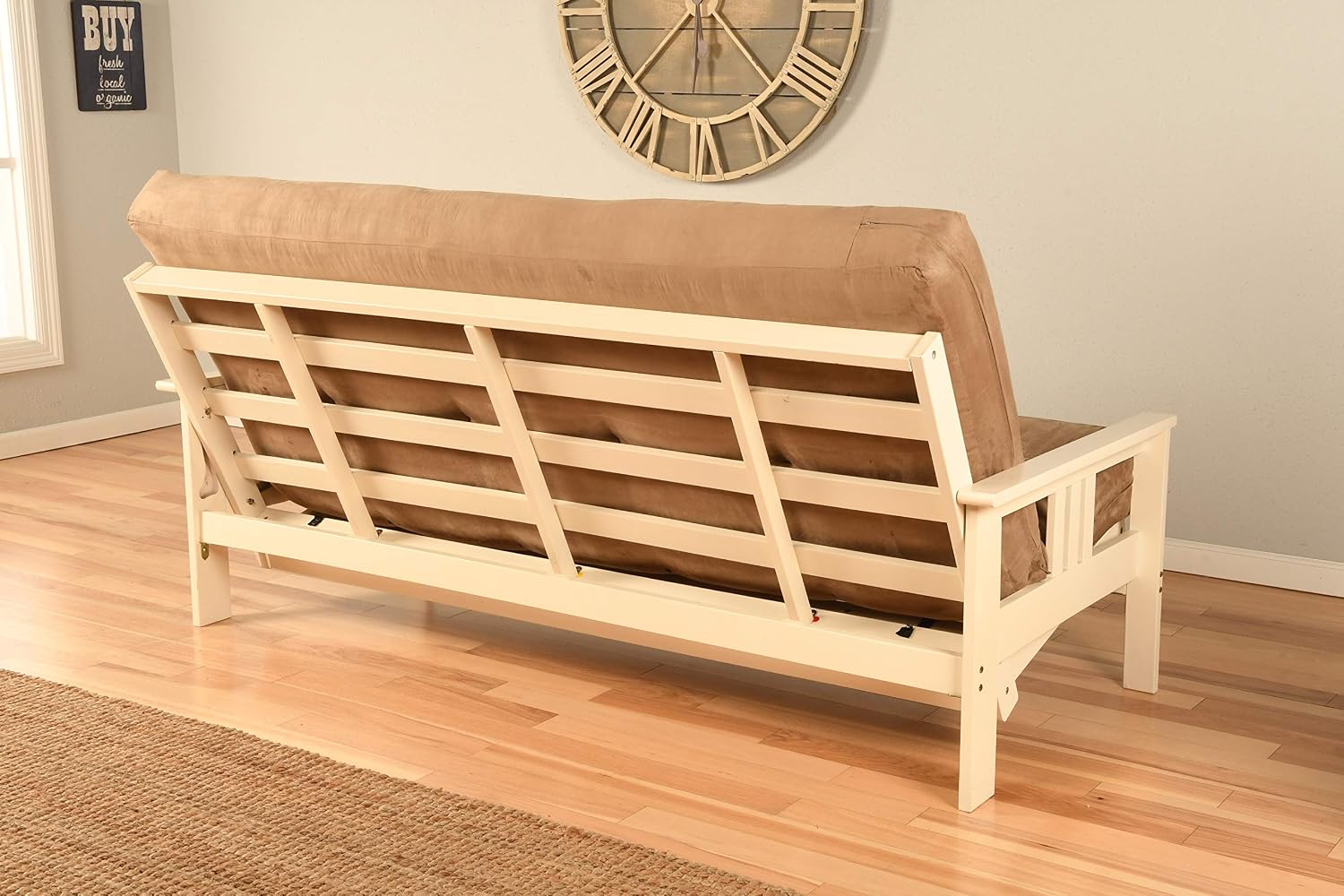 Kodiak Furniture Monterey Futon Set with Storage Drawers, with Antique White Base and Linen Aqua Mattress