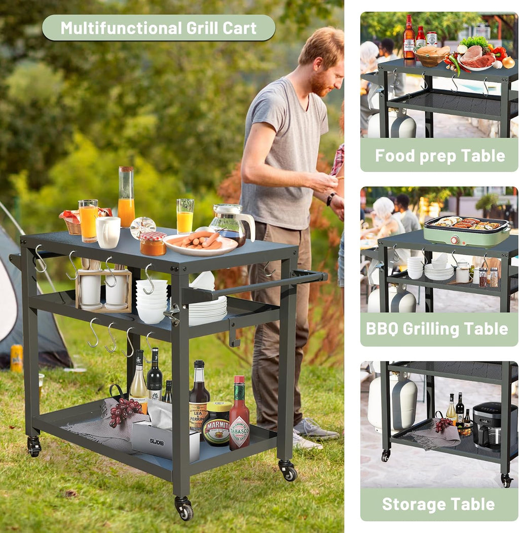 Domi 3-Shelf Outdoor Grill Table, Grill Cart with Wheels, Pizza Oven and Food Prep Table, Blackstone Griddle Stand with Propane Tank Hook for Outside BBQ