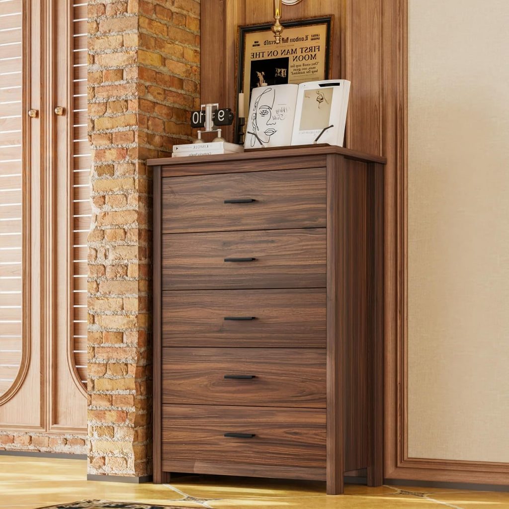 4-Pieces Queen Size Bedroom Set, Platform Bed Frame with Storage Headboard USB-Port, 1 Dresser with 5 Cabinet Drawers and 2 Nightstands with 2 Drawers, for Boys Girls Adults, Walnut