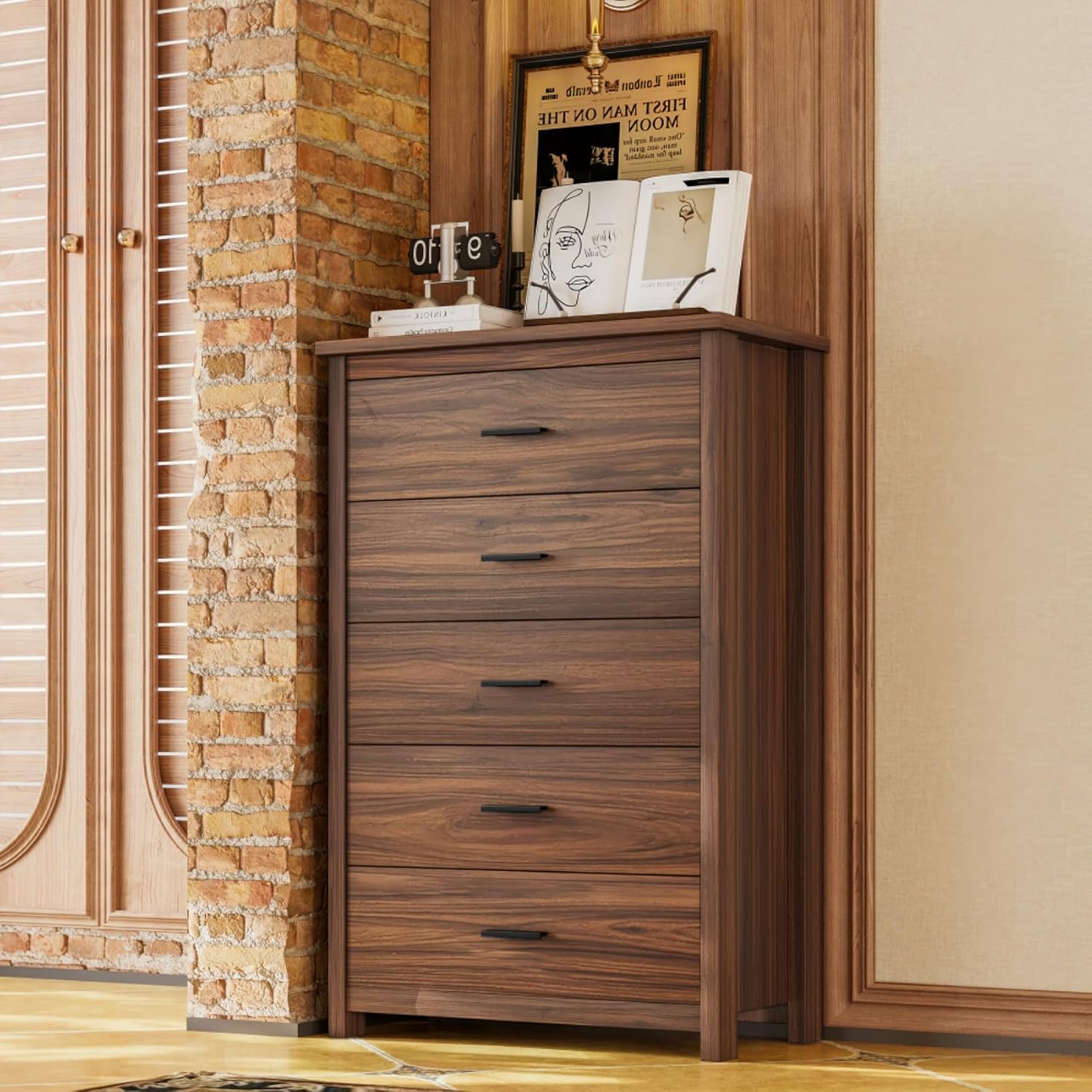 4-Pieces Queen Size Bedroom Set, Platform Bed Frame with Storage Headboard USB-Port, 1 Dresser with 5 Cabinet Drawers and 2 Nightstands with 2 Drawers, for Boys Girls Adults, Walnut