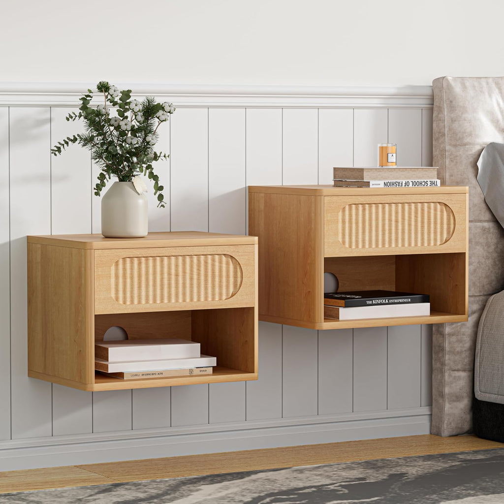 VDNEND Floating Nightstands with Drawer Set of 2, Modern Wall Mounted Bedside Tables for Bedroom, Space Saving Storage Cabinets, Easy Install Hanging Shelf Night Stands for Small Spaces (Natural)