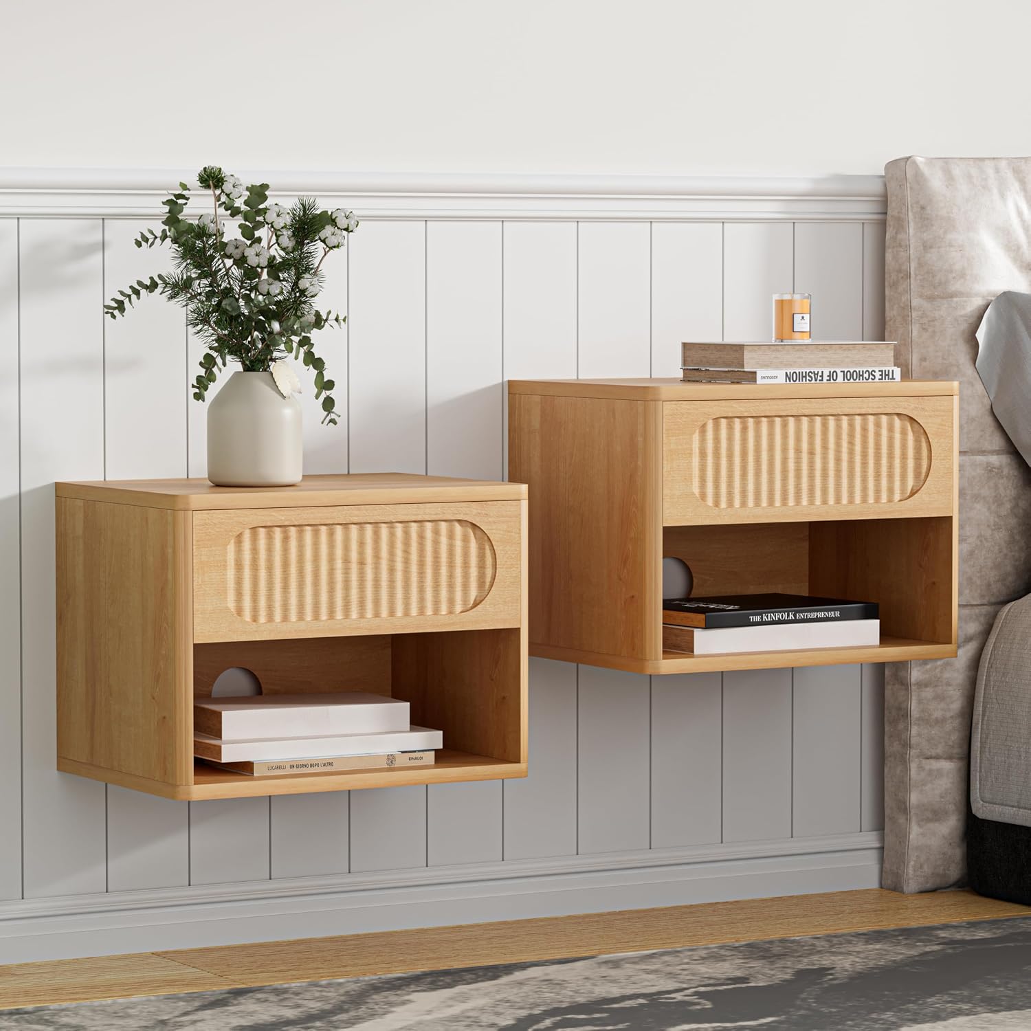 VDNEND Floating Nightstands with Drawer Set of 2, Modern Wall Mounted Bedside Tables for Bedroom, Space Saving Storage Cabinets, Easy Install Hanging Shelf Night Stands for Small Spaces (Natural)
