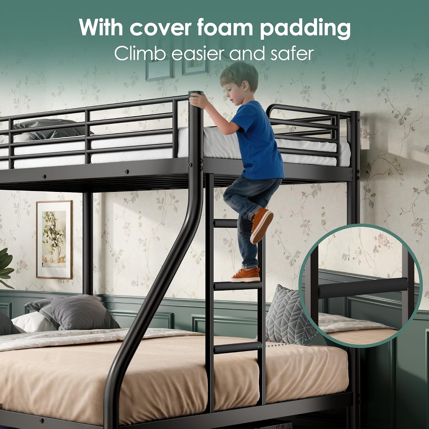 Bunk Beds Twin XL Over Queen, Heavy Duty Bunk Beds with Bottom Space & Guardrail Metal Bunk Bed Frame for Adults Teens Dorm Bedroom Guest Room, No Box Spring Needed（Black）