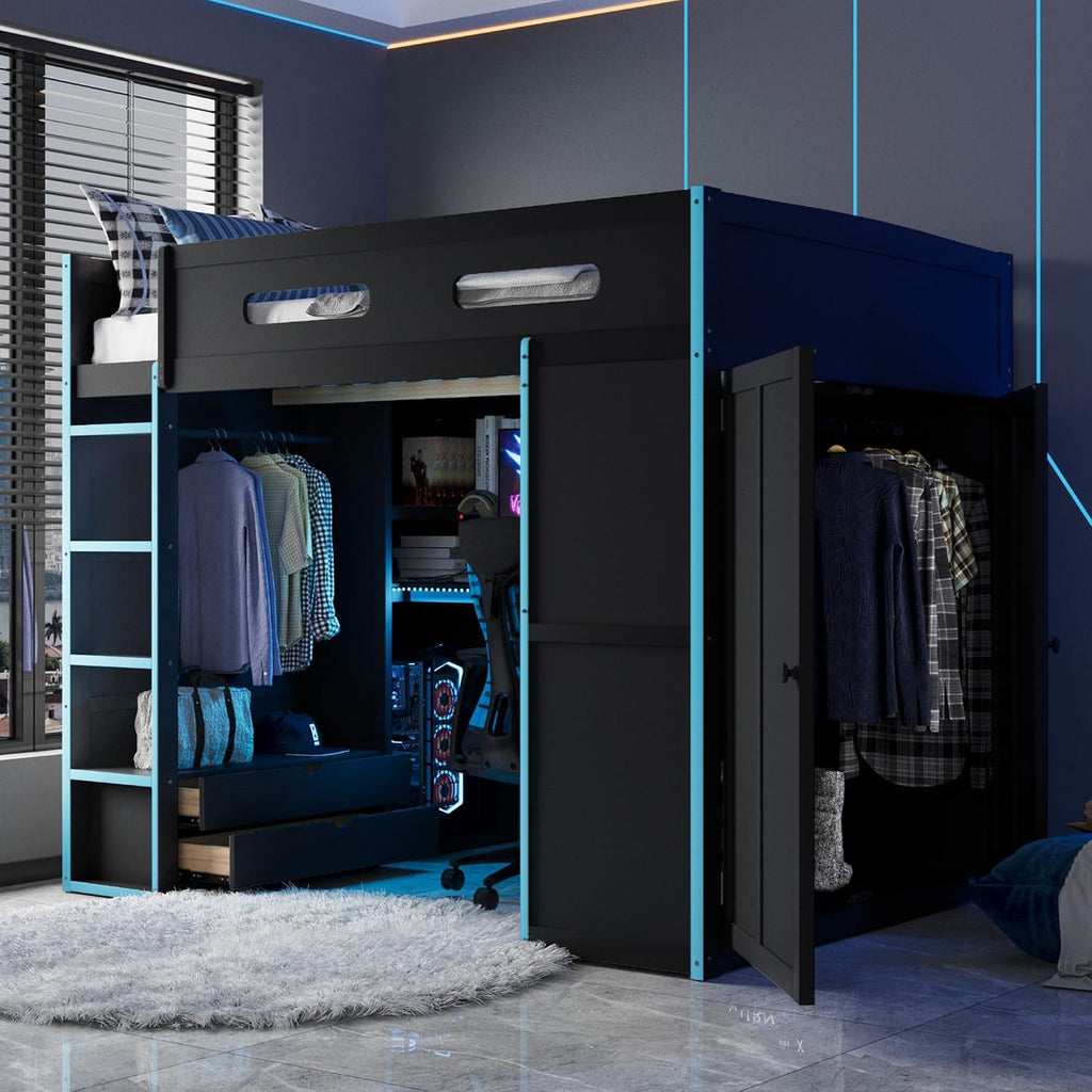 Ball & Cast Full Size Gaming Bed with Desk and Wardrobe,Wood Gamer Bed Frame w/Ample Storage Space & RGB Light,Full-Length Guardrails,USB Port,Ladder,Bedroom Furniture for Student Dorms,Cloud Blue