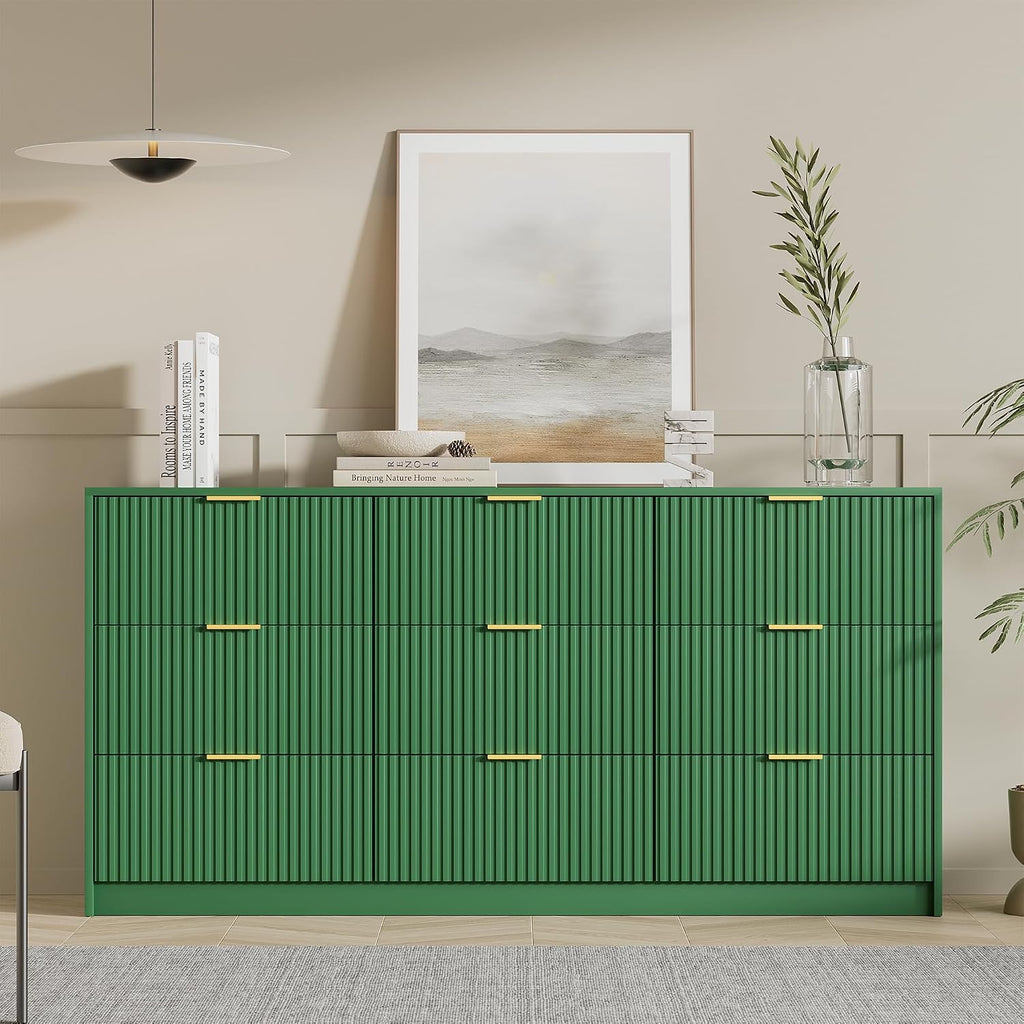 Furniway Green Dresser for Bedroom, Modern Dresser with 9 Drawers and Smooth Slides, Wide Chest of Drawers with Golden Handles for Bedroom, Living Room, Closet, 15.7' D x 63' W x 31.5' H