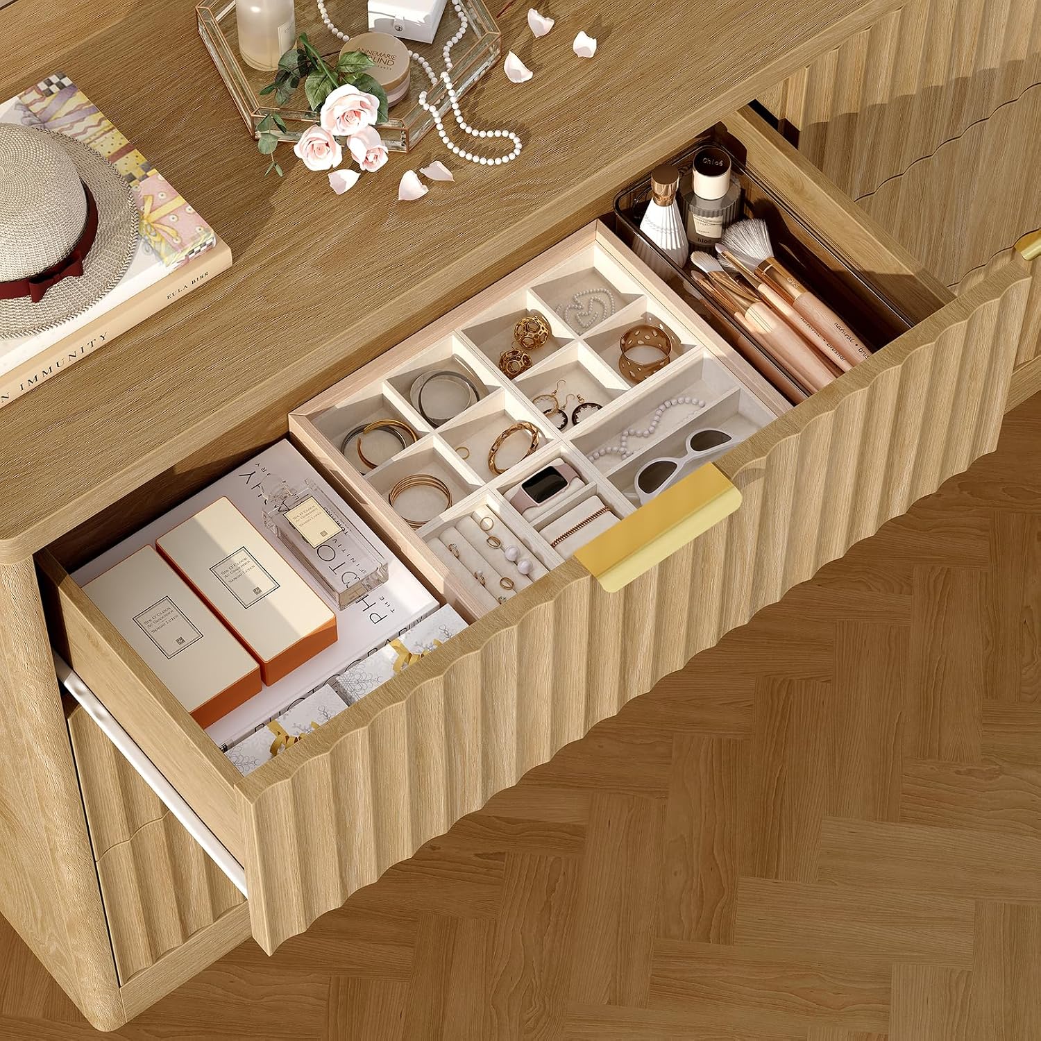TEENFON 56.3'' Dresser for Bedroom with 6 Drawers, Dressers & Chest of Drawers with Curved Profile Design, 6 Drawer Dresser, Fluted Dressers, Wood Dressers for Bedroom, Living Room, Natural