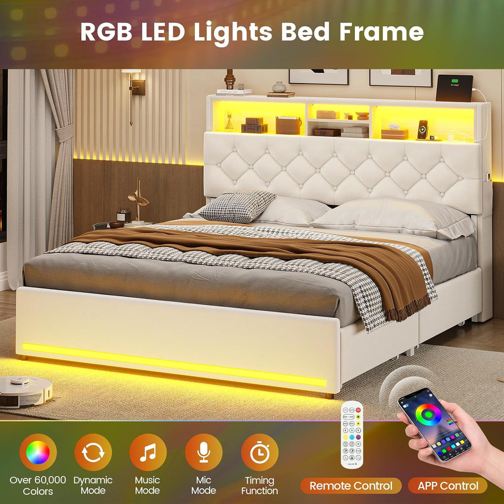 BTHFST Full Size Bed Frame with 4 Drawers & Storage Headboard, LED Bed Frame Full with Charging Station, Velvet Upholstered Bed with Metal Slats, No Box Spring Needed, Creamy White