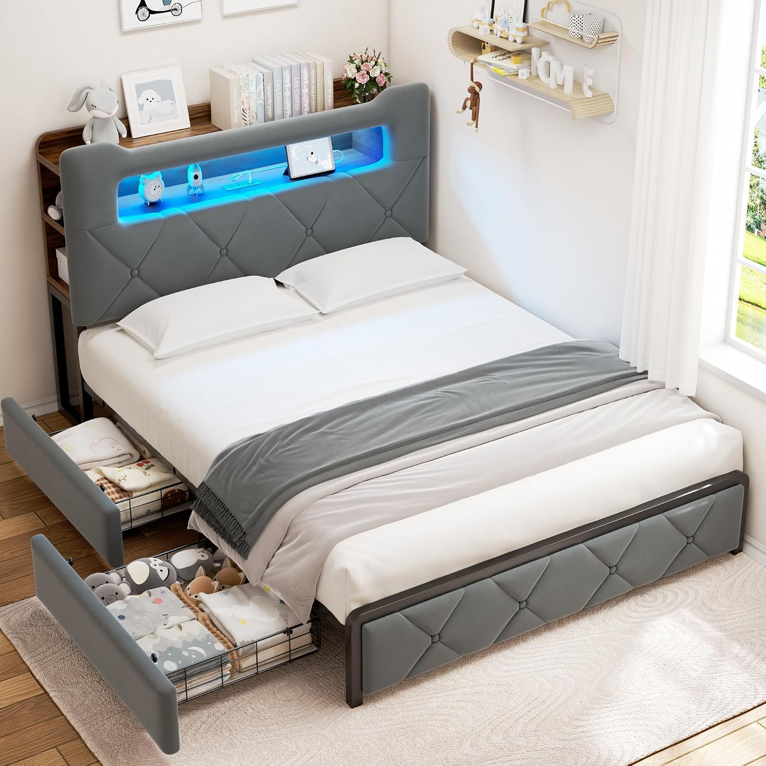 Queen Upholstered LED Bed Frame with 2 Storage Drawers and 2-Tier Storage Headboard, Velvet Platform Bed with Charging Station & Bookcase, Heavy Duty Metal Support, No Box Spring Needed, Grey