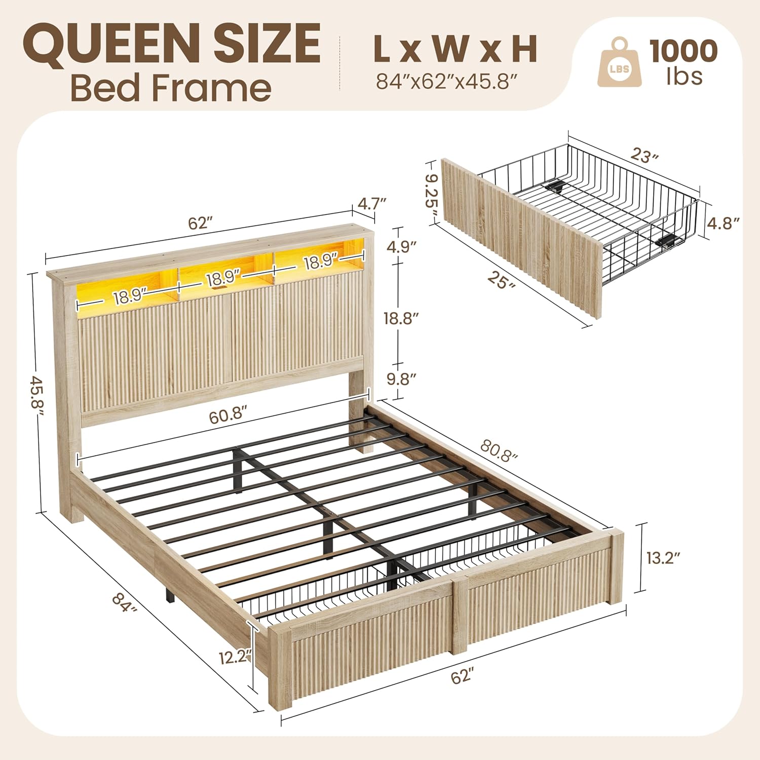CypBed Queen Size Bed Frame with Headboard and Storage Drawers, Queen Bed Frame with LED Light and Charging Port, Farmhouse Wavy Design, Wood & Metal Platform, Noise-Free, No Box Spring Needed, Wood