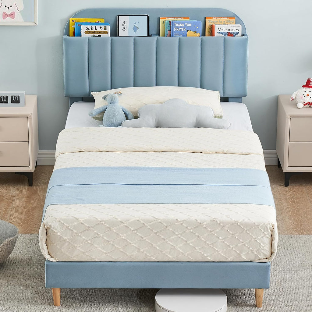 GarveeHome Twin XL Bed Frame with Storage Headboard, Velvet Upholstered Platform Bedframe for Kids, Boy Bed, Strong Wooden Slats, Noise-Free, Easy Assembly, No Box Spring Needed, Blue