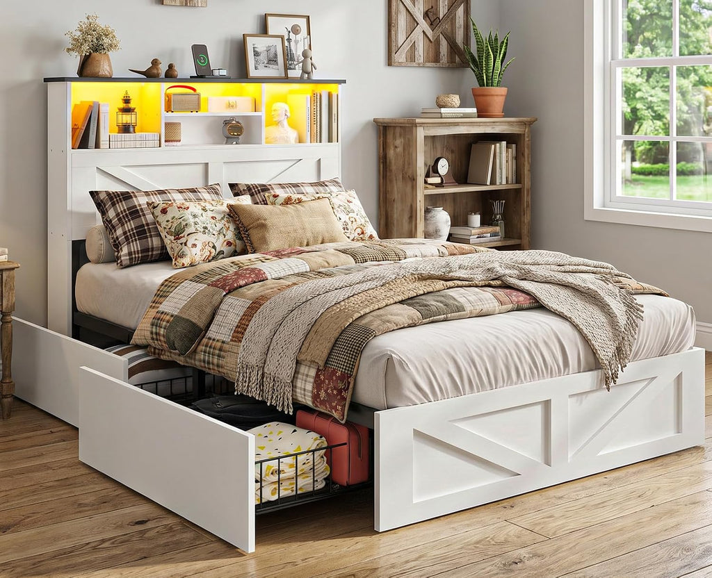 AOGLLATI Twin Bed with Storage Bookcase Headboard and 4 Drawers,Wooden Farmhouse Twin Bed Frame with Charging Station, Led Lights & Metal Slats,White