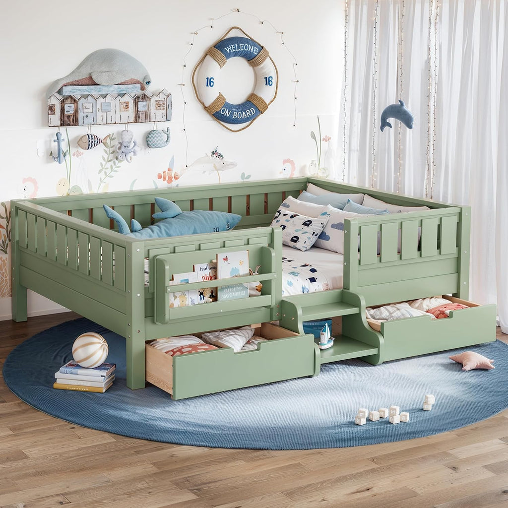 Bellemave Full Size Montessori Bed with Stairs, Rails and Slats, Full Size Montessori Floor Bed with Bookshelf and 2 Storage Drawers, Easy Assemble Beds Frame for Girls, Boys, Avocado Green