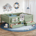 Bellemave Full Size Montessori Bed with Stairs, Rails and Slats, Full Size Montessori Floor Bed with Bookshelf and 2 Storage Drawers, Easy Assemble Beds Frame for Girls, Boys, Avocado Green