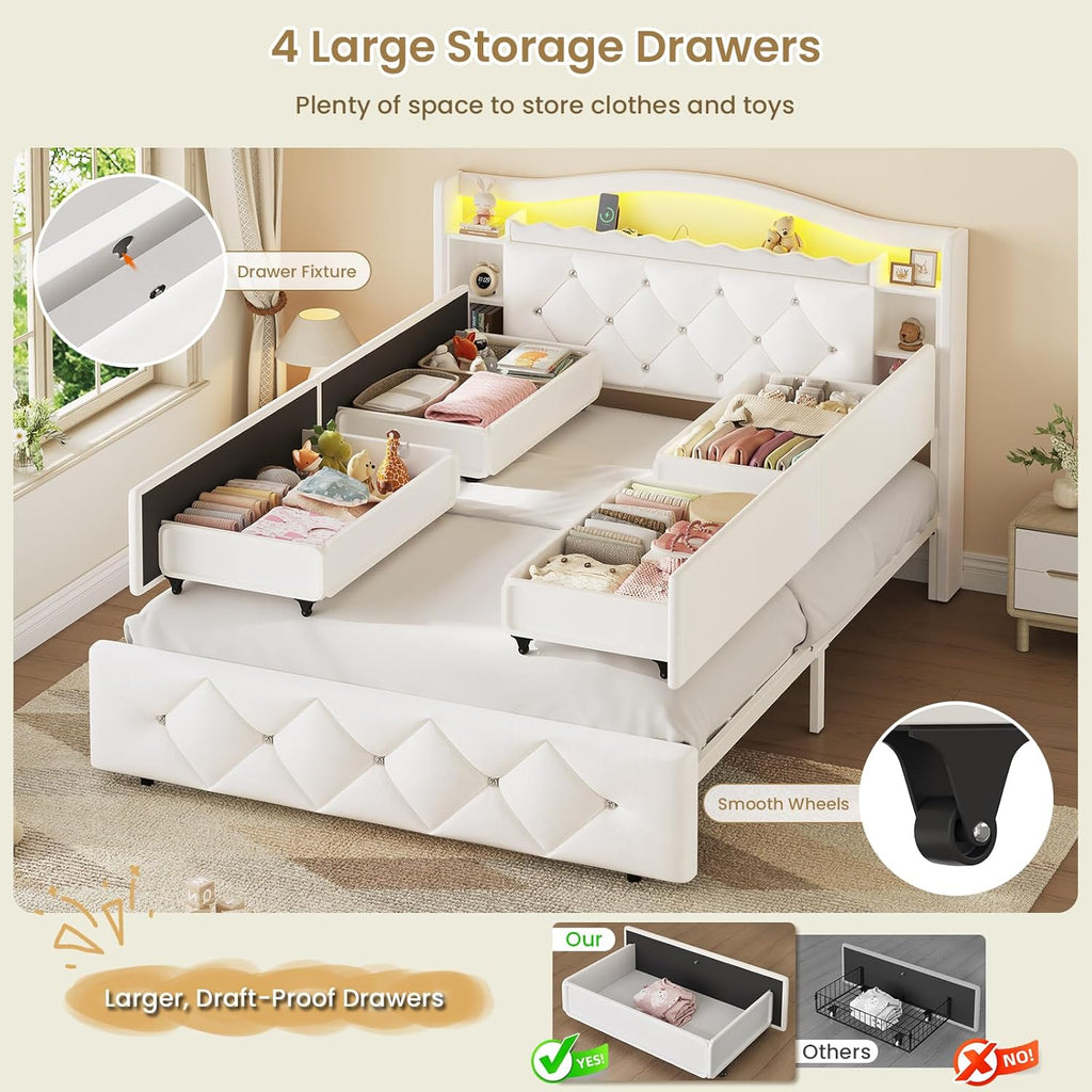 DICTAC Full Size Bed Frame for Kids with 4 Storage Drawers, Bookcase Headboard, LED Lights and Power Outlets, Diamond Tufted Velvet Upholstered Princess Platform Bed, Heavy-Duty Metal Support, Beige