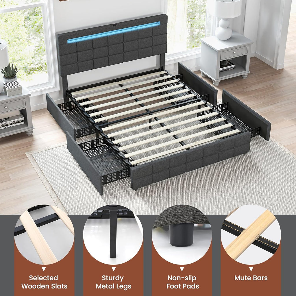 Giantex Full Bed Frame with LED Lights and 4 Drawers, Upholstered Platform Bed Frame with USB Ports, Tufted Adjustable Headboard Design, Solid Wooden Slat Support, No Box Spring Needed, Grey