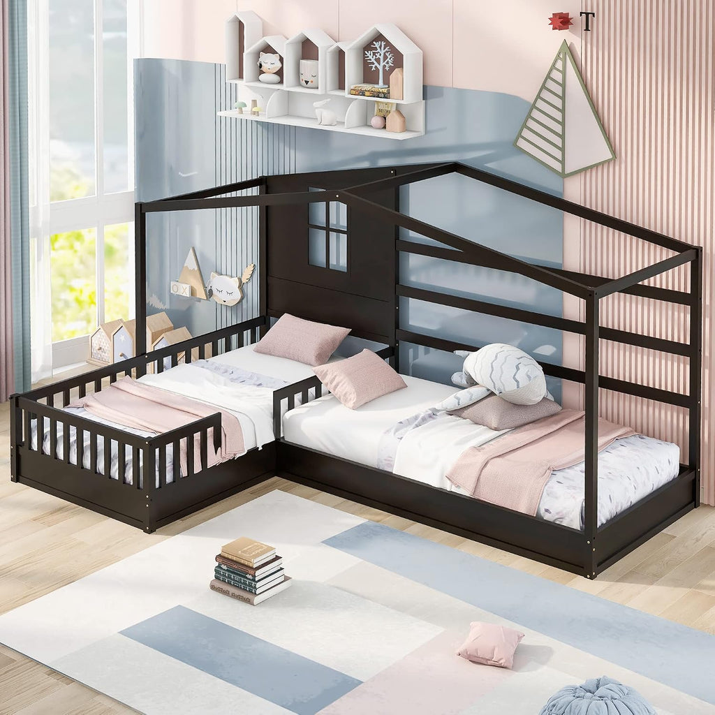 MERITLINE L Shaped Bed for 2 Kids, Twin House Bed, Wooden Double Twin Beds with Fence and Roof, Playhouse Bed, Corner Bed for Bedroom Furniture, No Box Spring Needed (Espresso)