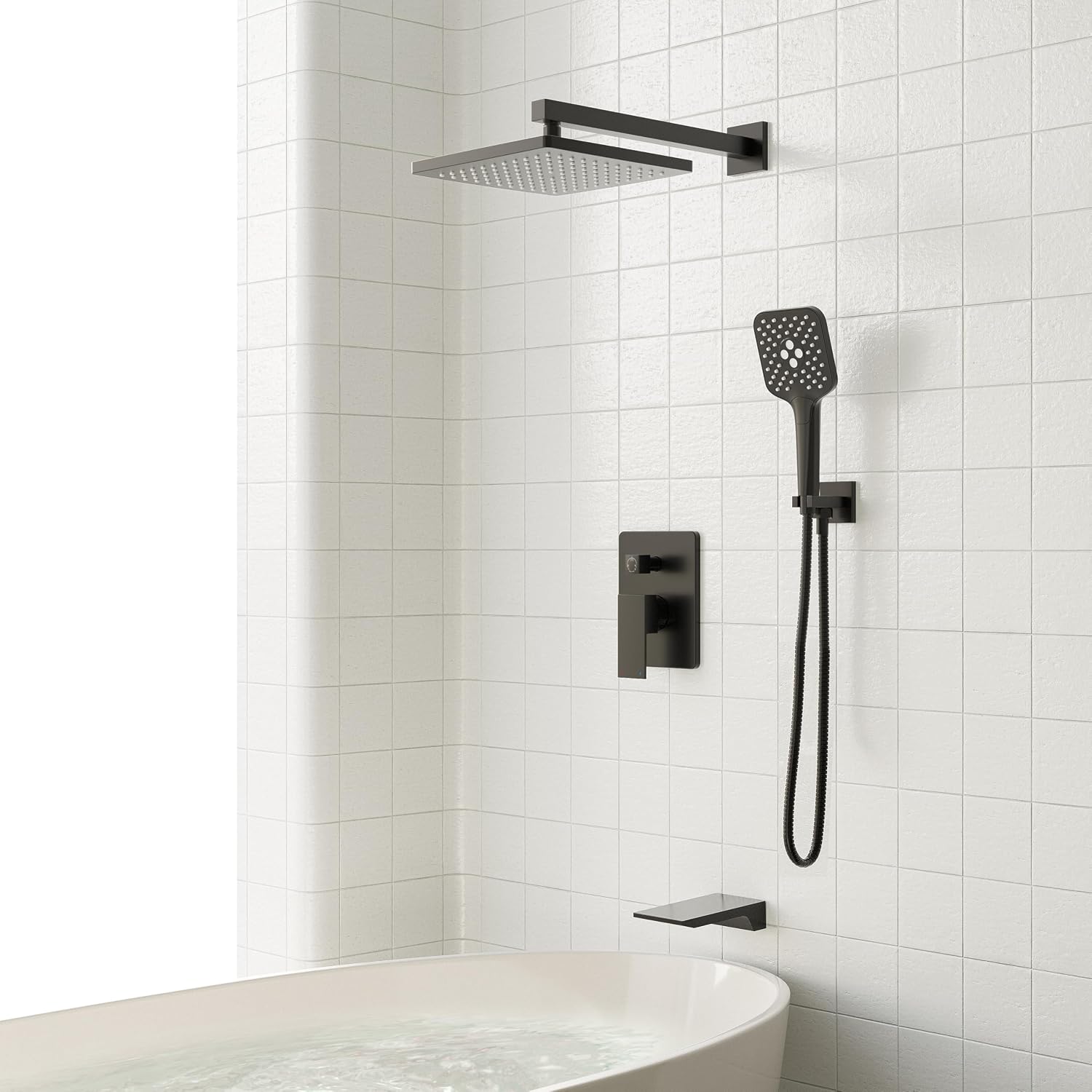 Gabrylly Shower System with Tub Spout, Wall Mounted Tub Shower Faucet Set for Bathroom with High Pressure 10' Rain Shower head and 3-Setting Handheld Shower Head Set,Matte Black